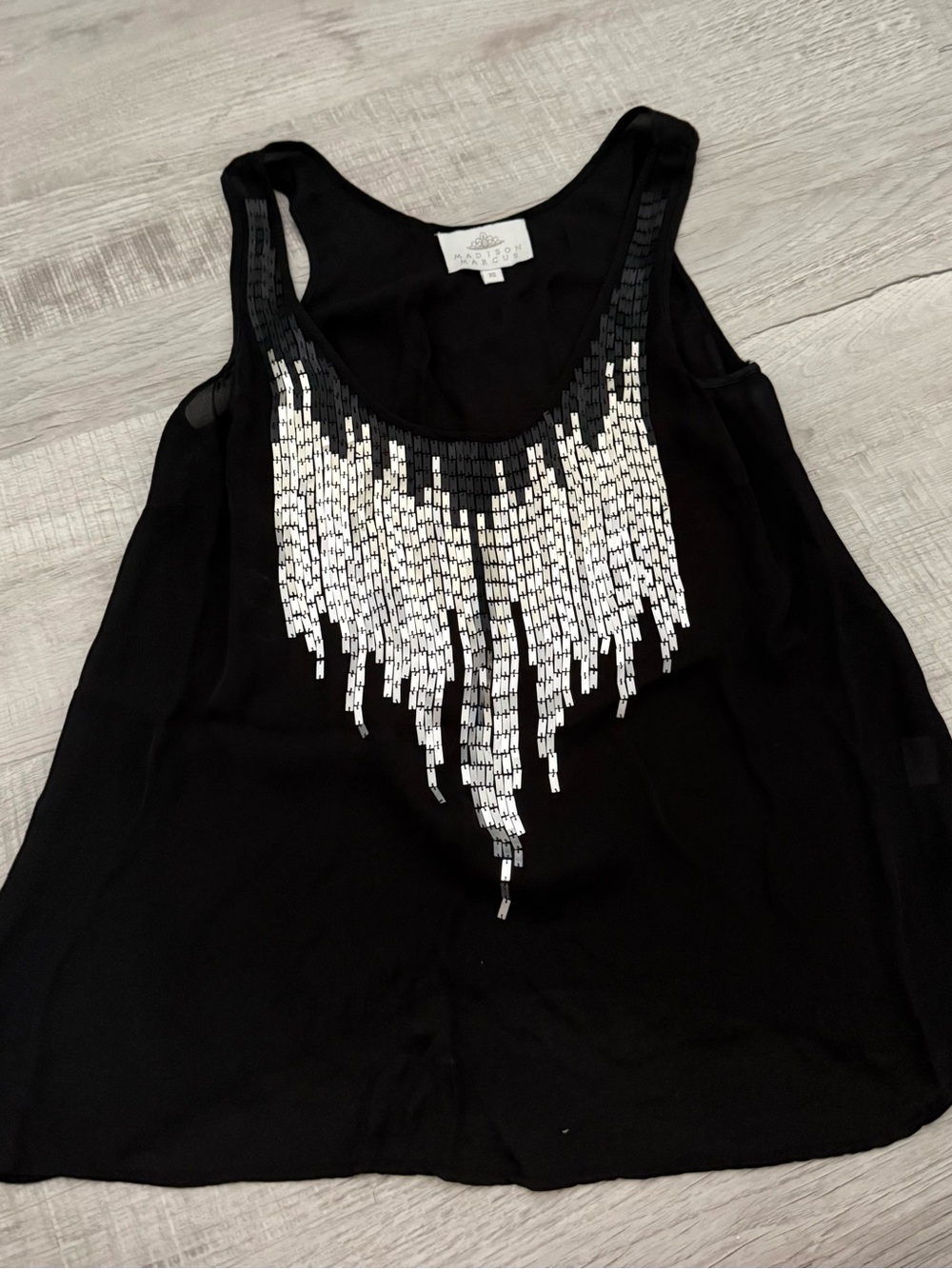 SAKS 5th AVE Madison Marcus Black Tank Top with Silver Beaded Fringe